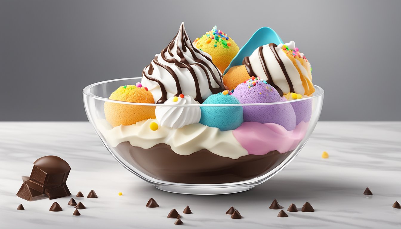 A glass bowl filled with colorful scoops of ice cream, topped with whipped cream, chocolate sauce, and sprinkles, presented on a white marble table