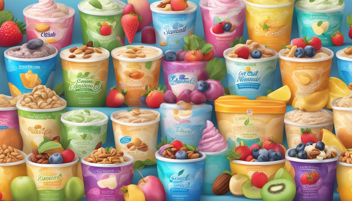 A vibrant display of various health and nutrition ice cream brands, showcasing fresh fruits, nuts, and natural ingredients