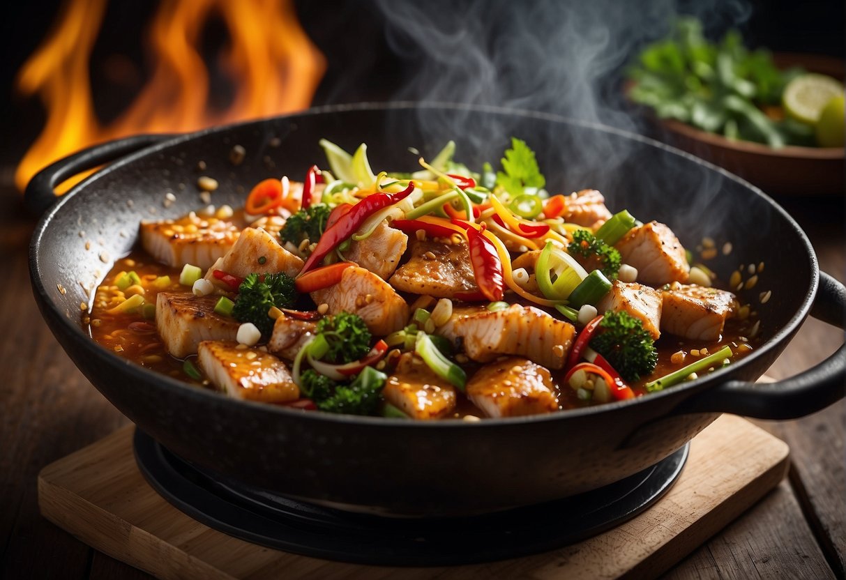 A sizzling wok with Assam fish, surrounded by vibrant ingredients like tamarind, lemongrass, and chili, emanating aromatic Chinese flavors