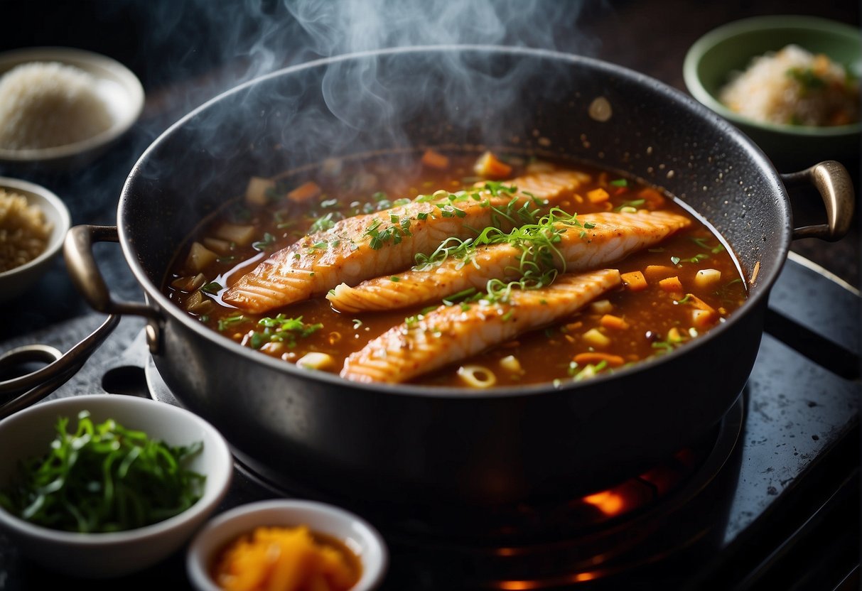 Assam fish simmers in a fragrant Chinese-style sauce. Steam rises from the sizzling pan as the chef adds a sprinkle of herbs