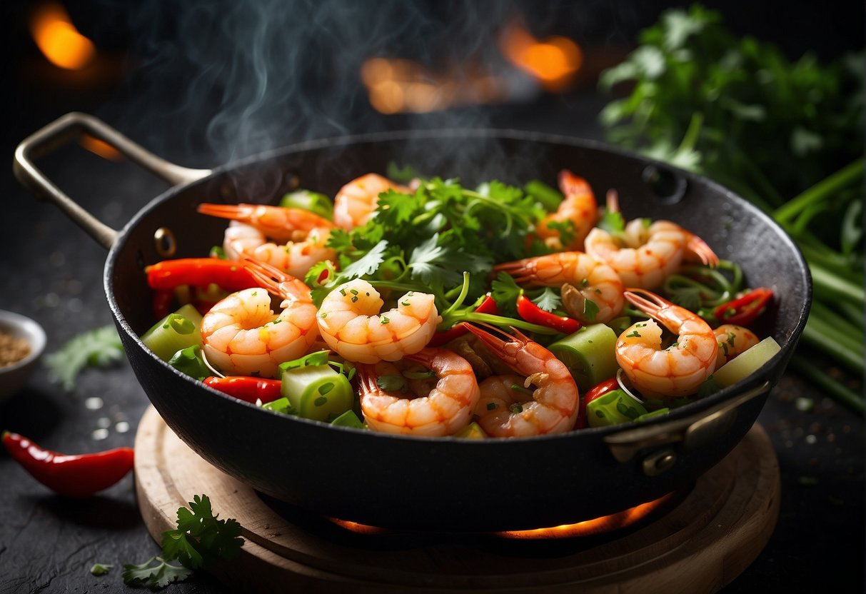 A sizzling wok filled with plump prawns, ginger, garlic, and chili peppers, emitting a fragrant aroma of soy sauce and tangy tamarind, surrounded by vibrant green scallions and cilantro