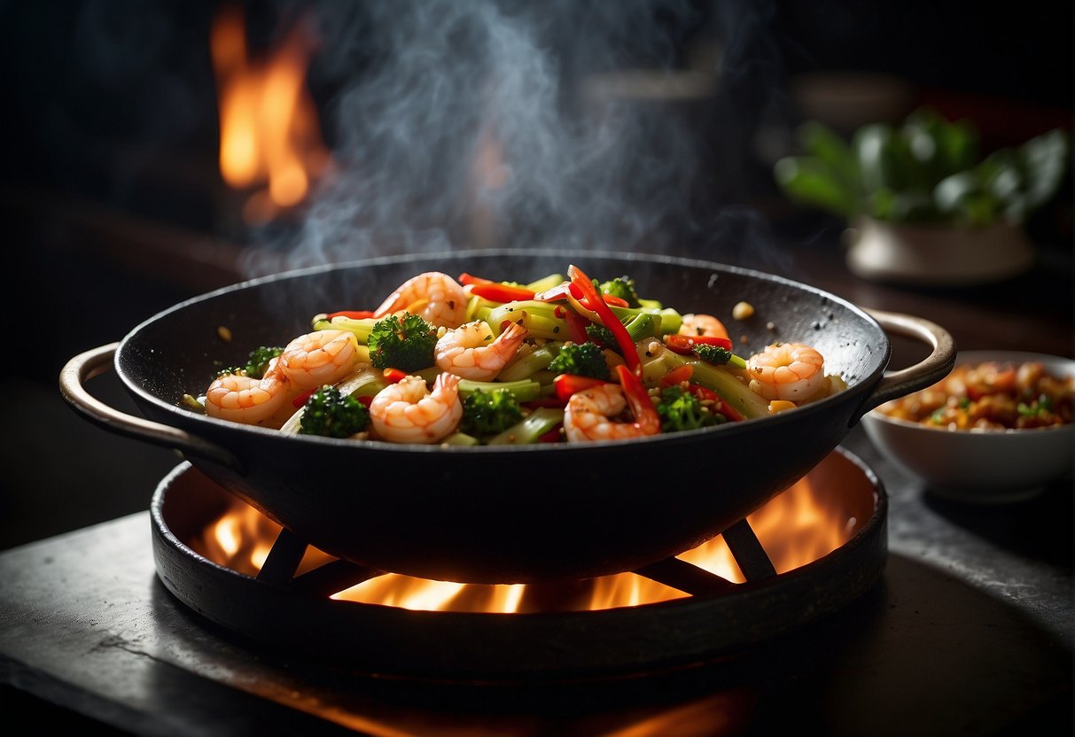 A sizzling wok stir-fries succulent prawns with aromatic ginger, garlic, and chili, while a rich, dark sauce simmers on the stove