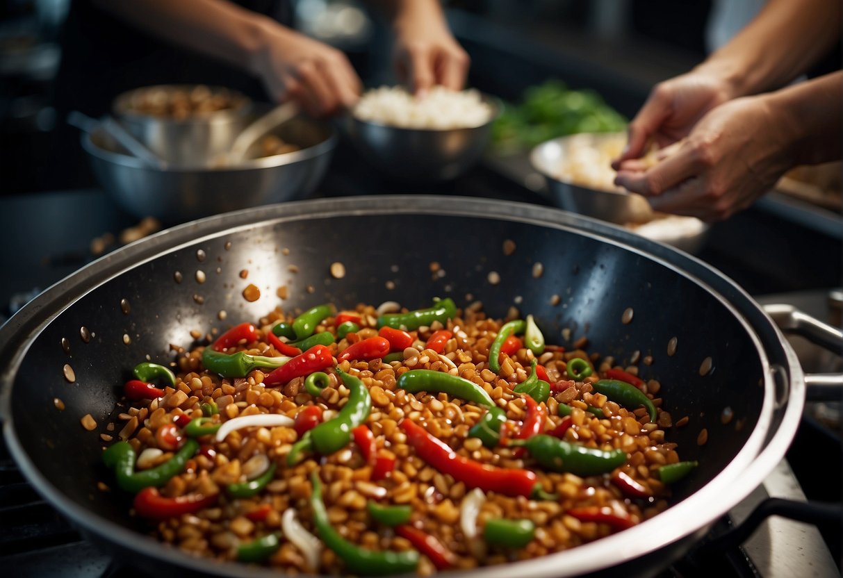 A wok sizzles as red chilies, garlic, and ginger are stir-fried. Soy sauce, vinegar, and sugar are added, creating a spicy and tangy aroma