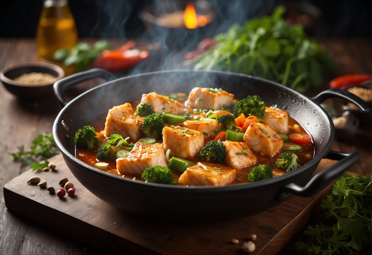 A sizzling wok with Assam fish in Chinese-style sauce, surrounded by aromatic spices and fresh herbs