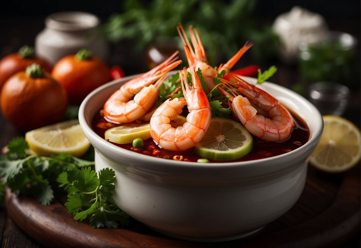 Prawns being marinated in tangy Assam sauce, surrounded by traditional Chinese cooking ingredients