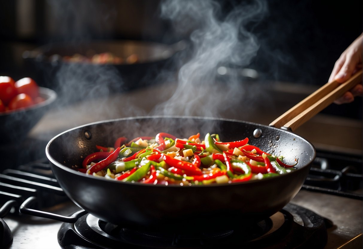 A wok sizzling with red chili peppers, garlic, and ginger, as a chef pours soy sauce and vinegar into the bubbling mixture