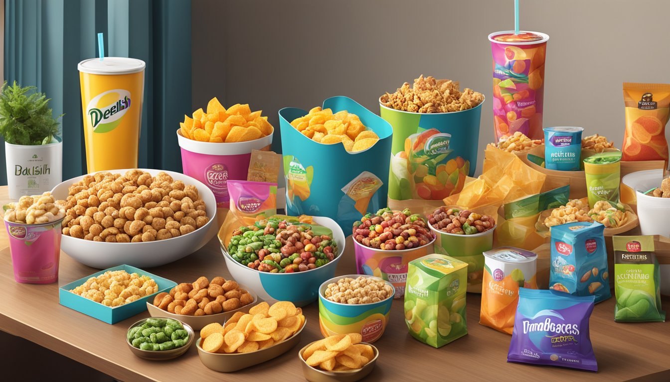 A table filled with colorful food packaging from Deelish Brands, with a variety of snacks and beverages arranged in an attractive display