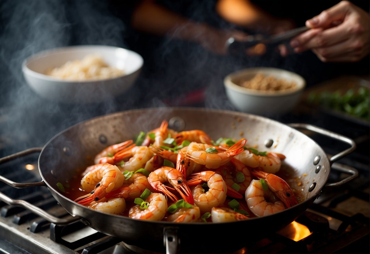 Assam prawns sizzle in a wok with ginger, garlic, and chili. Steam rises as the chef adds tamarind, sugar, and soy sauce, creating a fragrant, flavorful dish