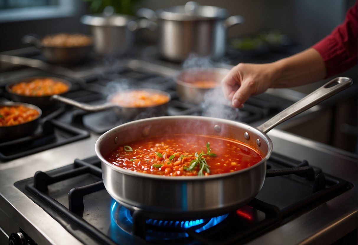 A pot simmers on the stove, filled with a vibrant red Schezwan sauce. Steam rises as the chef adds a blend of spices and ingredients, creating the perfect Chinese sauce