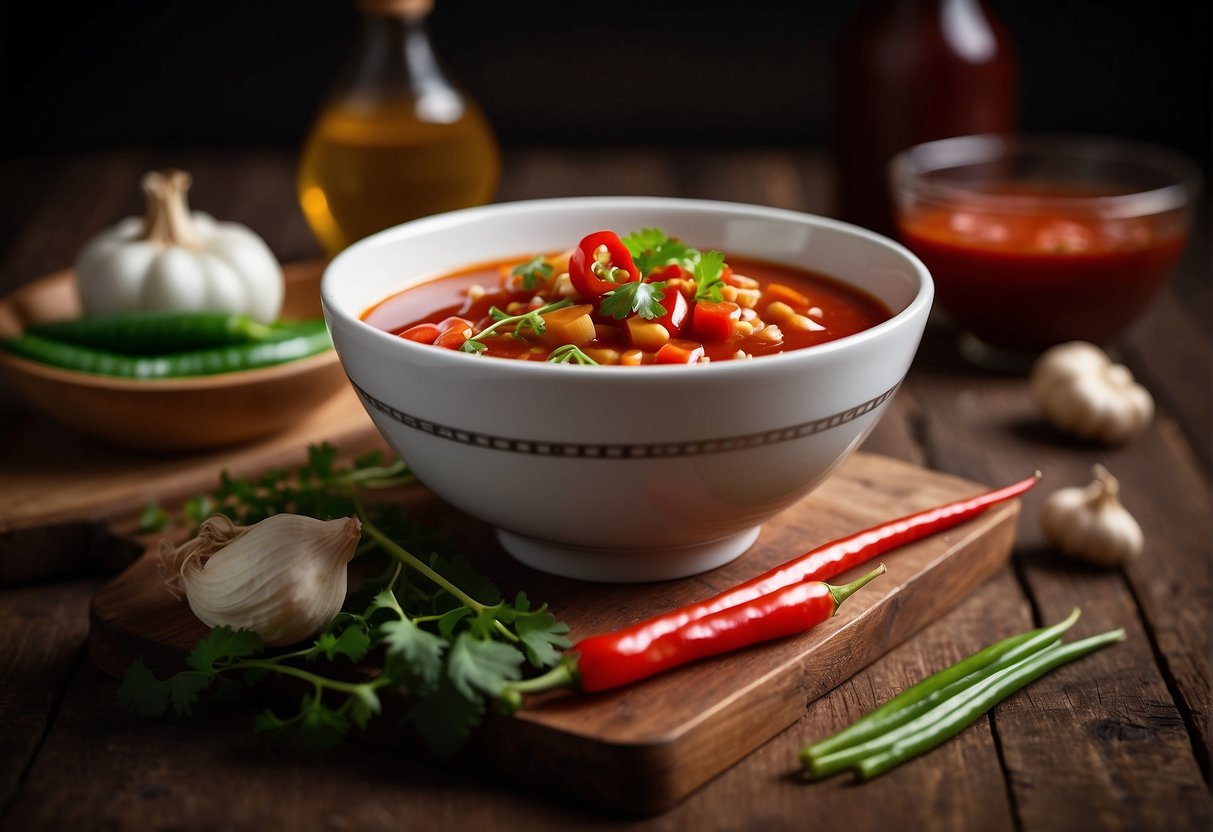 A bowl of homemade Chinese Schezwan sauce sits on a rustic wooden table, surrounded by fresh ingredients like garlic, ginger, and red chilies. A pair of chopsticks rests next to the bowl, ready for use