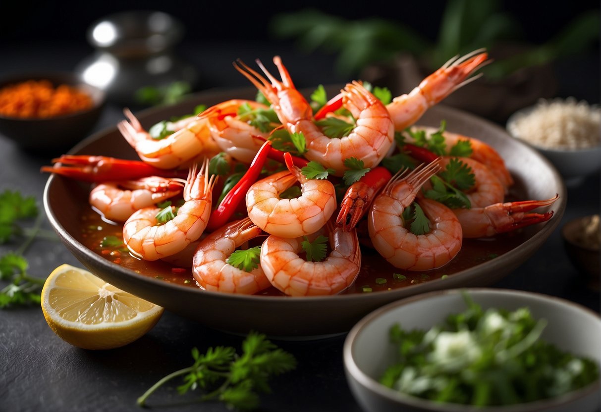 A steaming plate of Assam prawns, with vibrant red chili peppers and fragrant lemongrass, surrounded by bowls of fresh ingredients like ginger and garlic