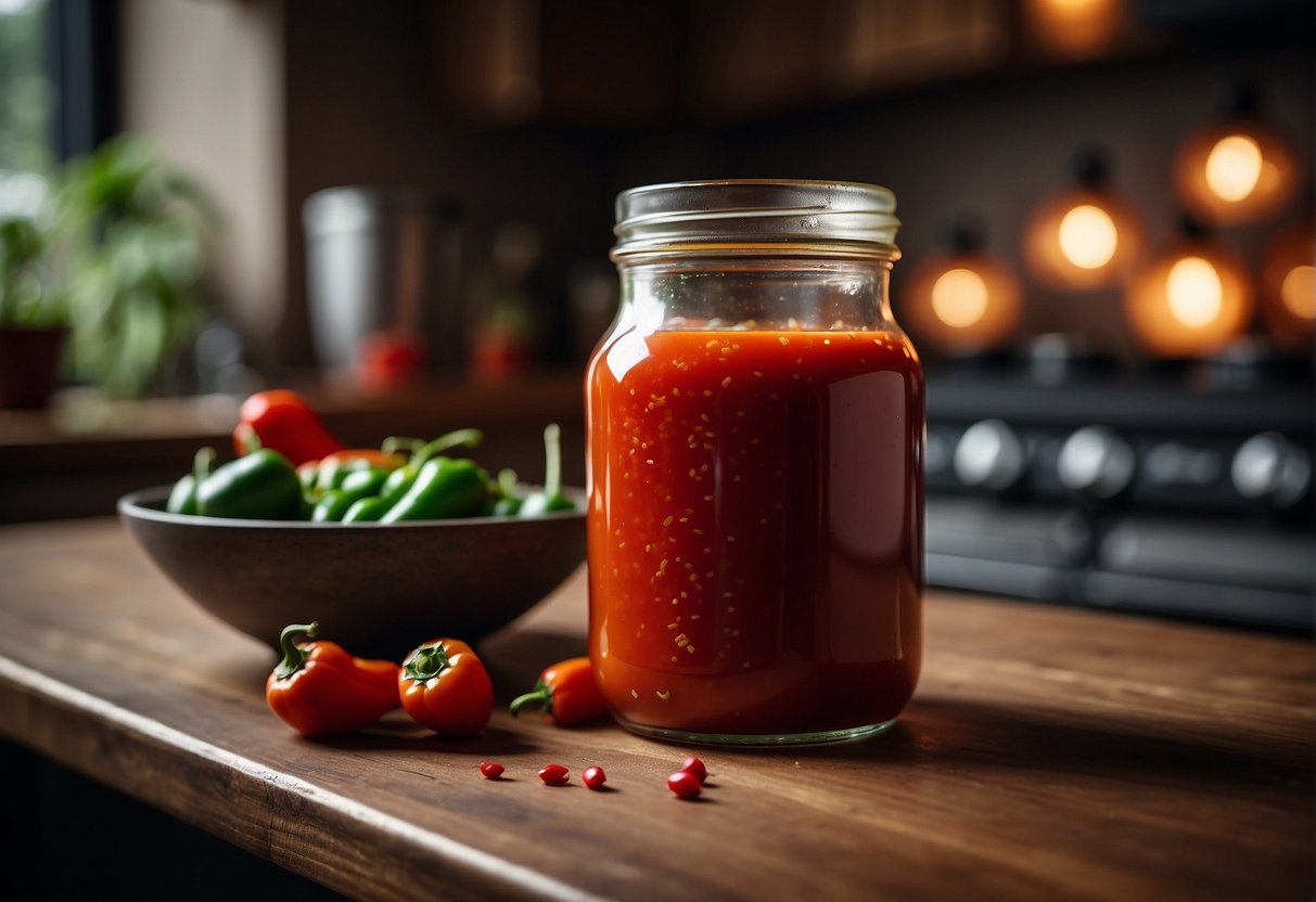 A glass jar filled with vibrant red homemade Schezwan sauce sits on a kitchen counter, surrounded by scattered chili peppers and garlic cloves