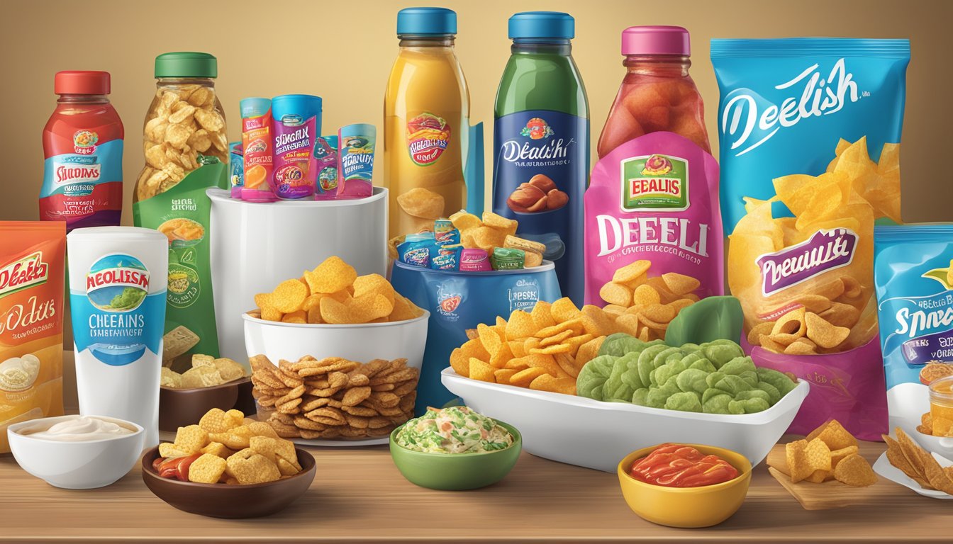 A table displays a variety of deelish brand products, including snacks, beverages, and condiments, each with vibrant packaging and enticing logos