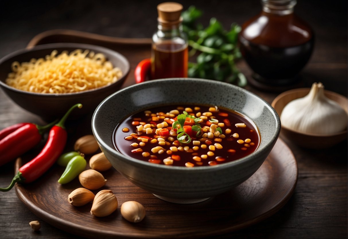 A table with ingredients like soy sauce, vinegar, garlic, and chili peppers arranged neatly next to a bowl of finished schezwan sauce