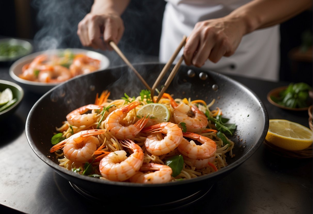 A sizzling wok tosses plump prawns, ginger, and spices in a fragrant cloud, as a chef in a bustling kitchen prepares Assam prawns