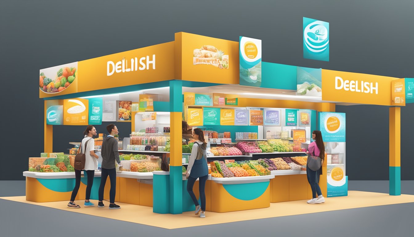 A vibrant market stall with interactive displays and engaging signage for "Deelish" brands. Customers eagerly sample products and interact with brand ambassadors