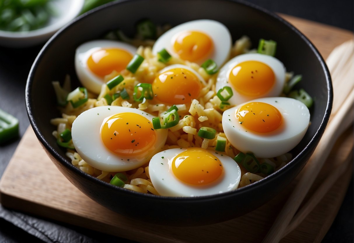 Eggs crack into a bowl, whites separated. Wok sizzles with oil, as eggs are gently stirred. Green onions and seasoning added, creating fluffy, white, and flavorful scrambled eggs
