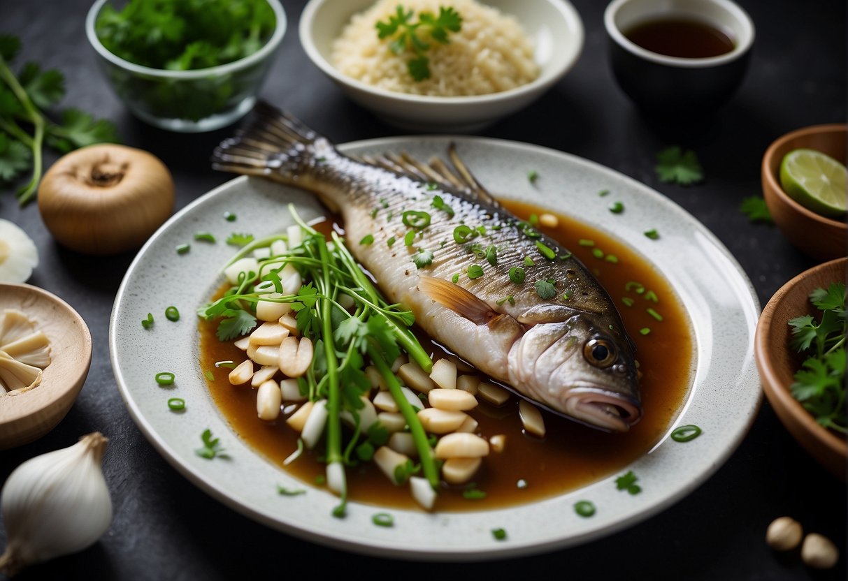 A whole sea bass being marinated in soy sauce, ginger, and garlic, surrounded by fresh scallions and cilantro