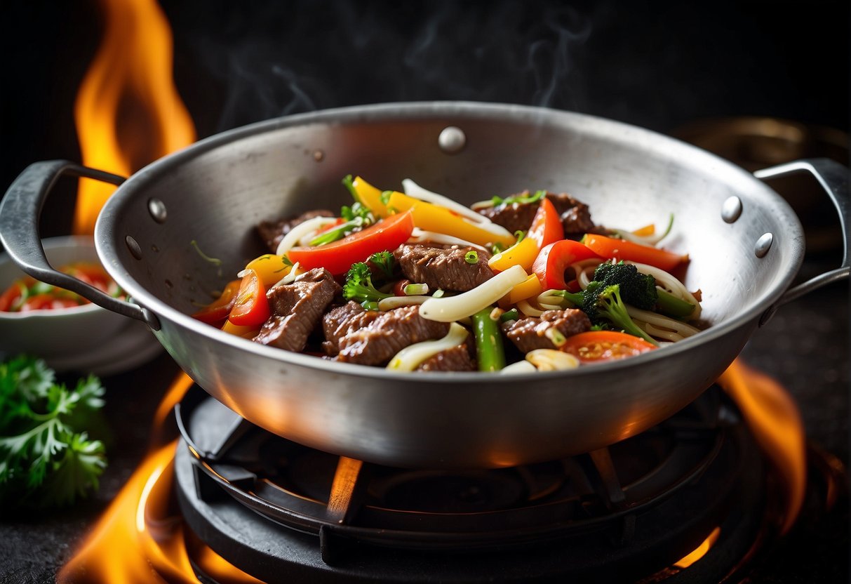 Sizzling beef strips, garlic, and ginger stir-frying in a wok with colorful vegetables and savory sauce