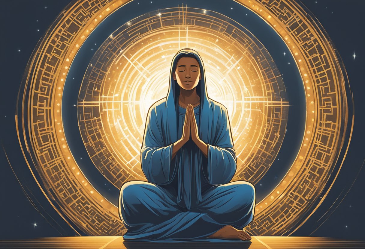 A figure kneels in a beam of light, surrounded by a circle of glowing symbols. Their eyes are closed in concentration as they recite a prayer of protection