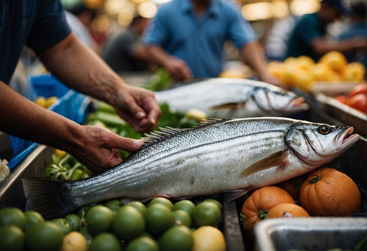 A hand reaches for a fresh sea bass at a bustling fish market, surrounded by vibrant produce and bustling vendors