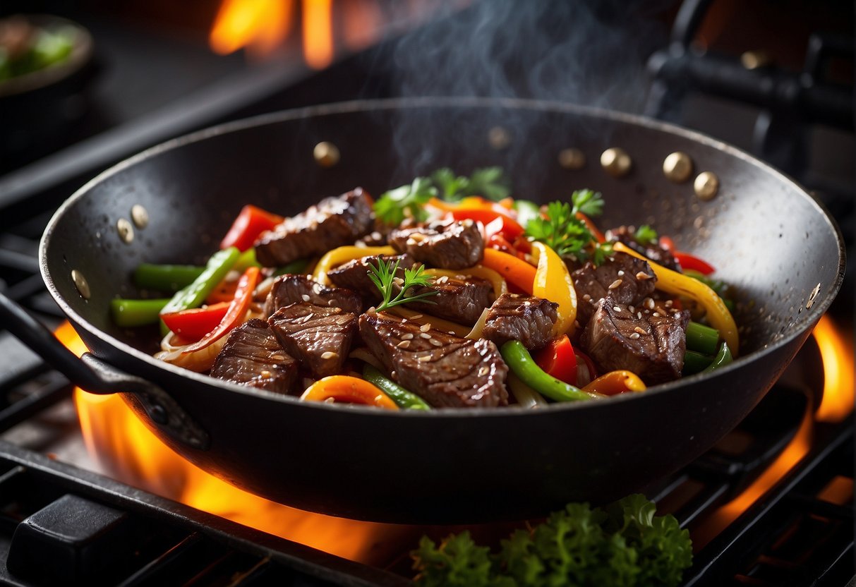 Sizzling beef strips in a hot wok with vibrant vegetables, garlic, and ginger. A savory aroma fills the air as the ingredients come together in a sizzling symphony of flavors