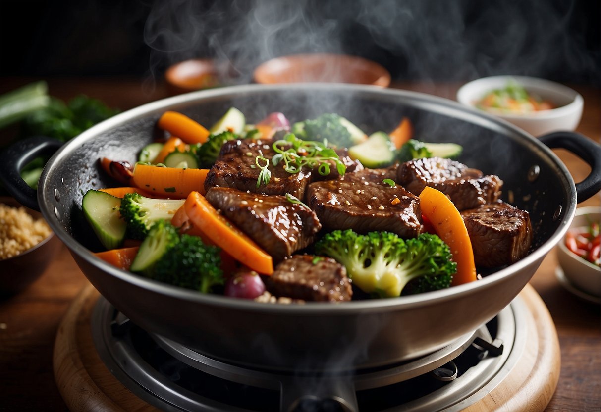 Sizzling beef and vegetables in a wok with aromatic marinade, steam rising