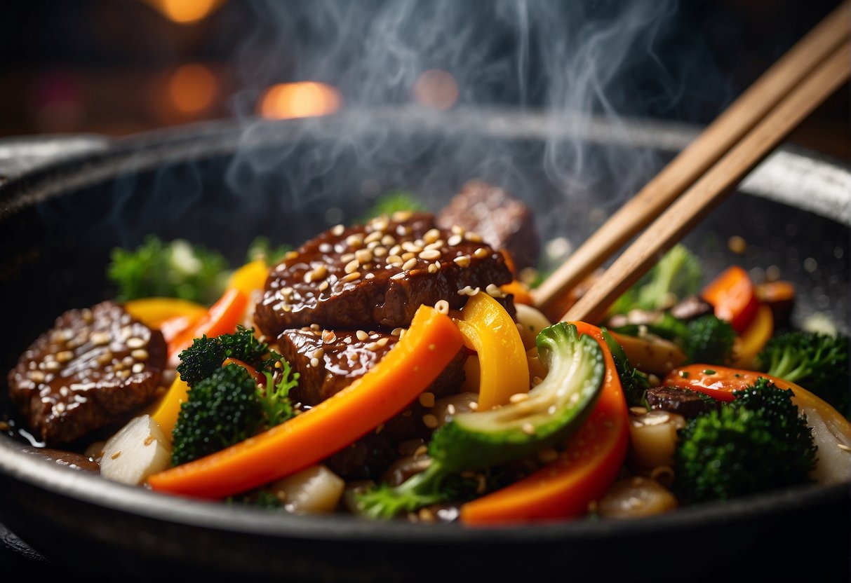 Sizzling wok with marinated beef, garlic, ginger, and colorful vegetables being tossed and stir-fried in a fragrant blend of soy sauce and hoisin
