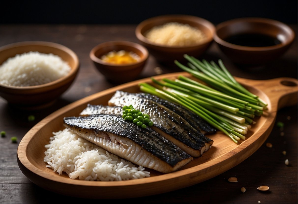 Fresh sea bass, ginger, garlic, soy sauce, and green onions on a cutting board. Bowls of sesame oil, rice vinegar, and sugar nearby