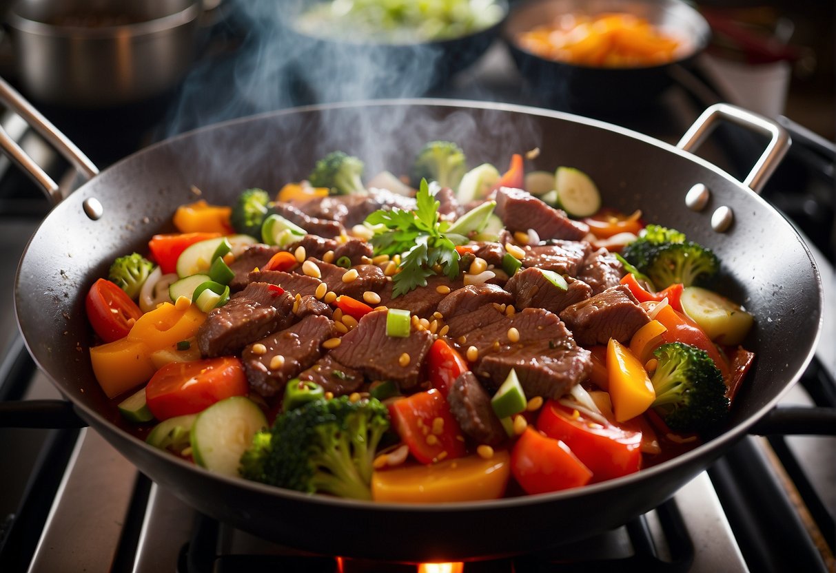 A sizzling wok filled with marinated beef, colorful vegetables, and aromatic spices, as steam rises and the sauce thickens