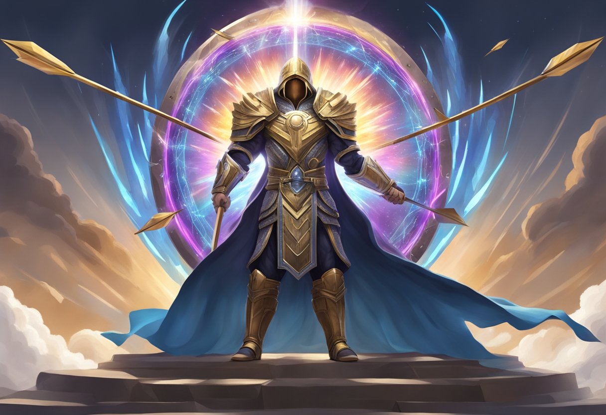 A radiant shield surrounds a figure, repelling dark arrows and silencing slanderous tongues. The figure stands strong, surrounded by a forcefield of divine protection