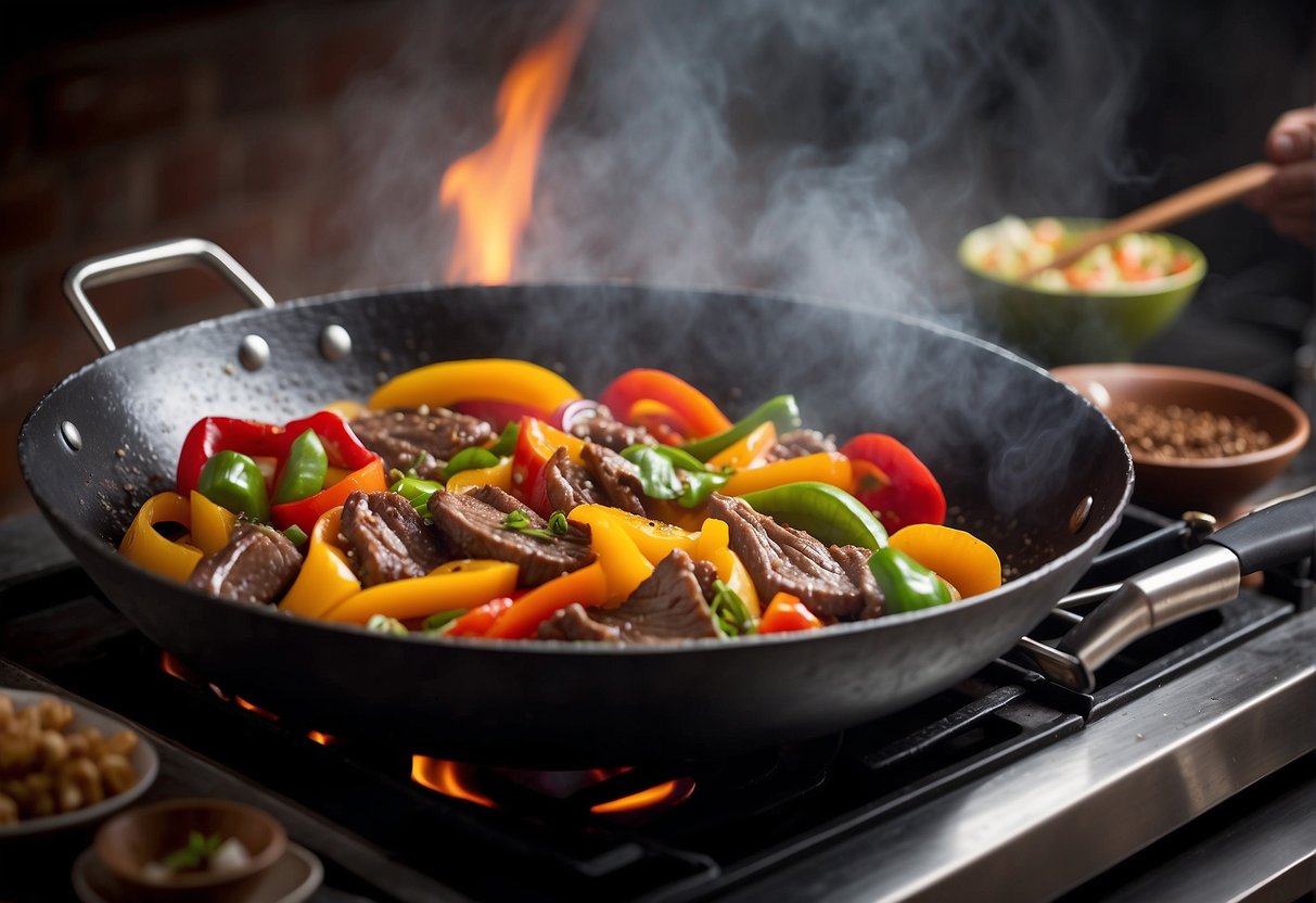 A sizzling wok with beef strips, colorful bell peppers, and onions. Aromatic ginger and garlic fill the air as the chef adds soy sauce and spices