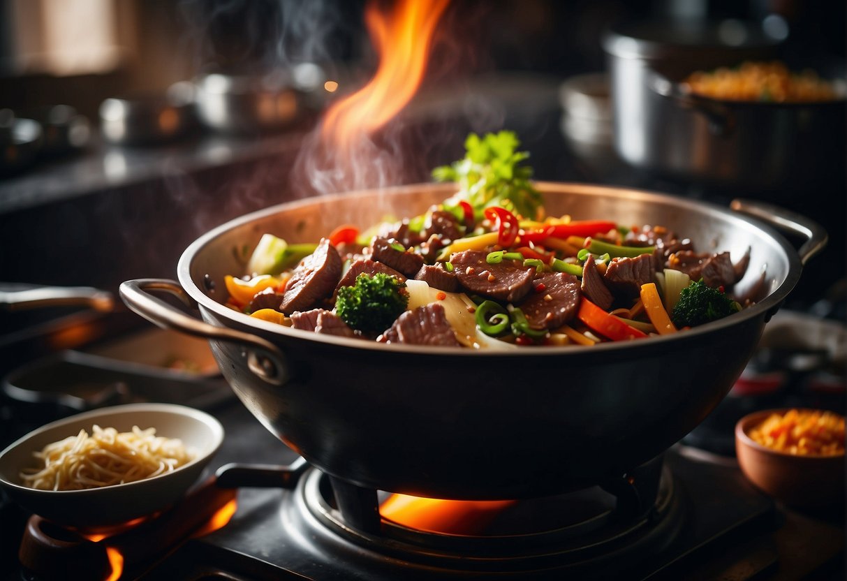 A sizzling wok filled with thinly sliced beef, vibrant vegetables, and savory sauces, emitting fragrant aromas in a bustling Chinese kitchen