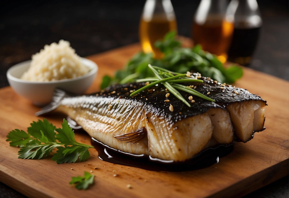 Sea bass being marinated in soy sauce, ginger, and garlic. Ingredients arranged on a wooden cutting board. A wok with oil heating in the background