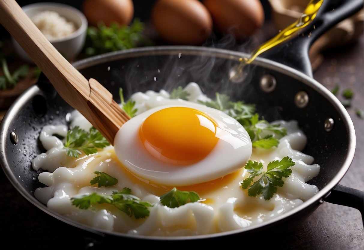 Egg whites whisked, poured into sizzling wok. Stirred with precision, folding in delicate ingredients. Aromas fill the air