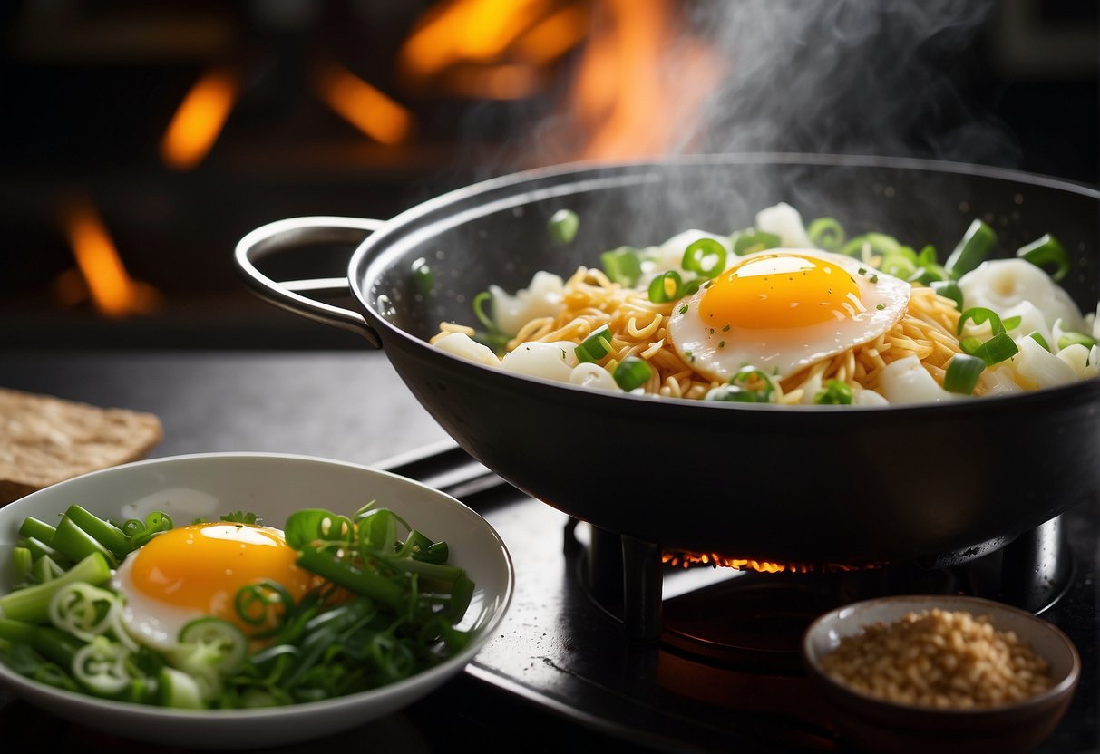 A wok sizzles with egg whites, green onions, and ginger. A splash of soy sauce adds color to the fluffy mixture
