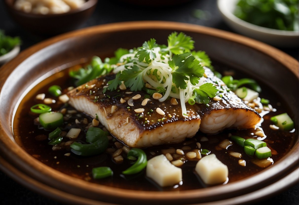 Chinese sea bass being marinated in soy sauce, ginger, and garlic. Then steamed with scallions and cilantro, creating a flavorful and aromatic dish