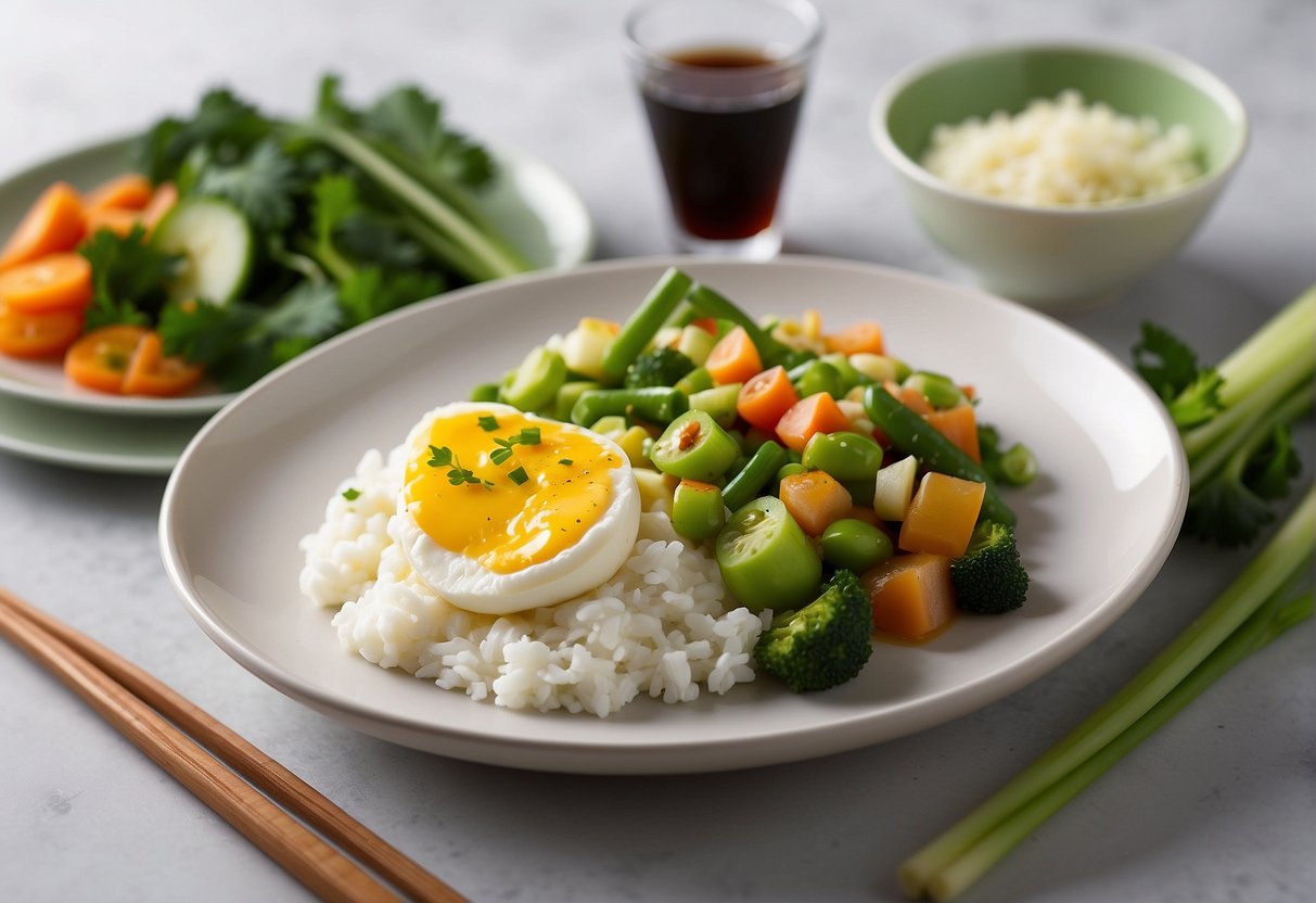 A plate of Chinese scrambled egg whites with a side of steamed vegetables and a bowl of jasmine rice. Soy sauce and sliced green onions for garnish