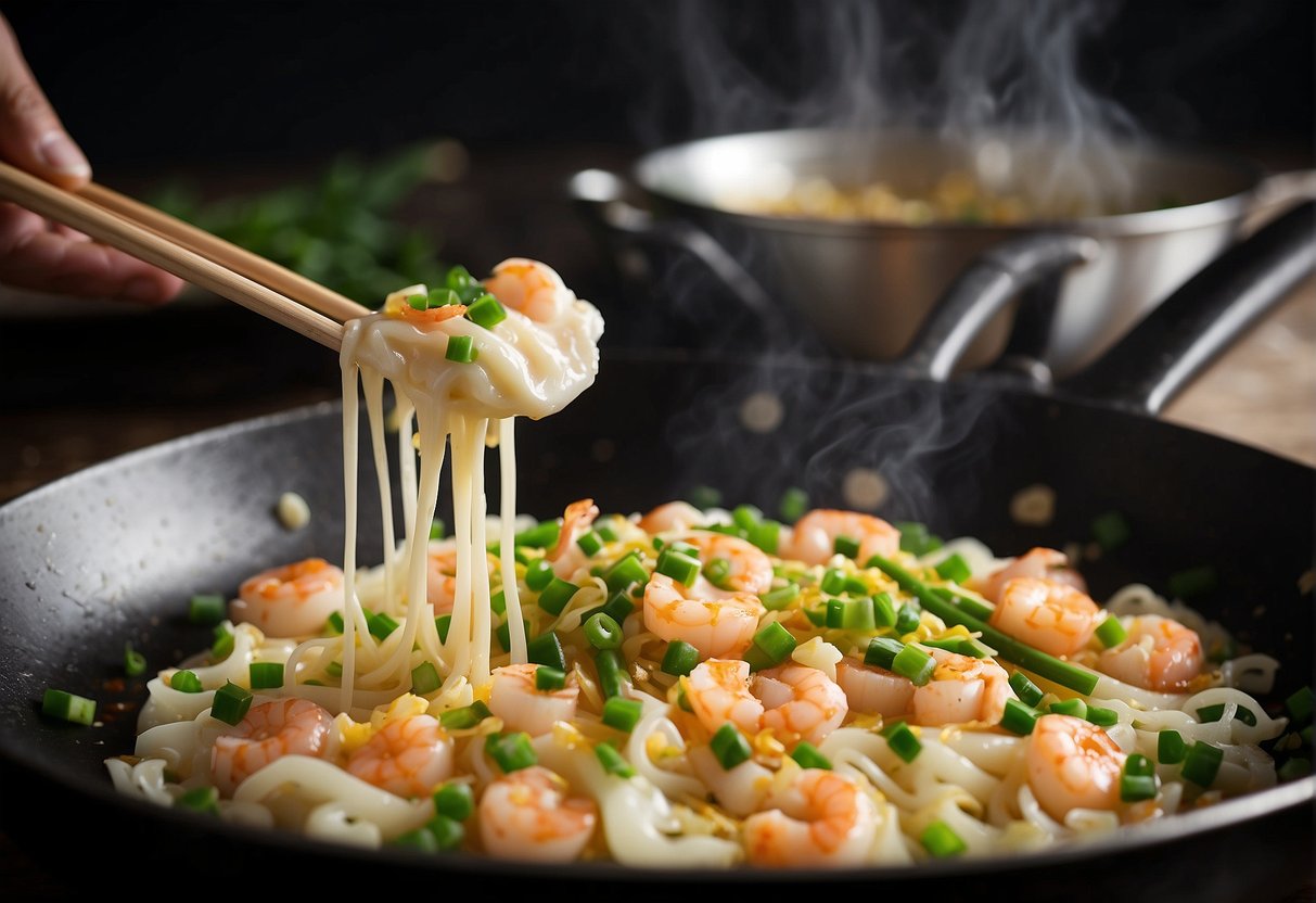 A wok sizzles as egg whites are stirred with chopsticks, adding in green onions and shrimp, creating a fluffy and savory Chinese scrambled egg white dish