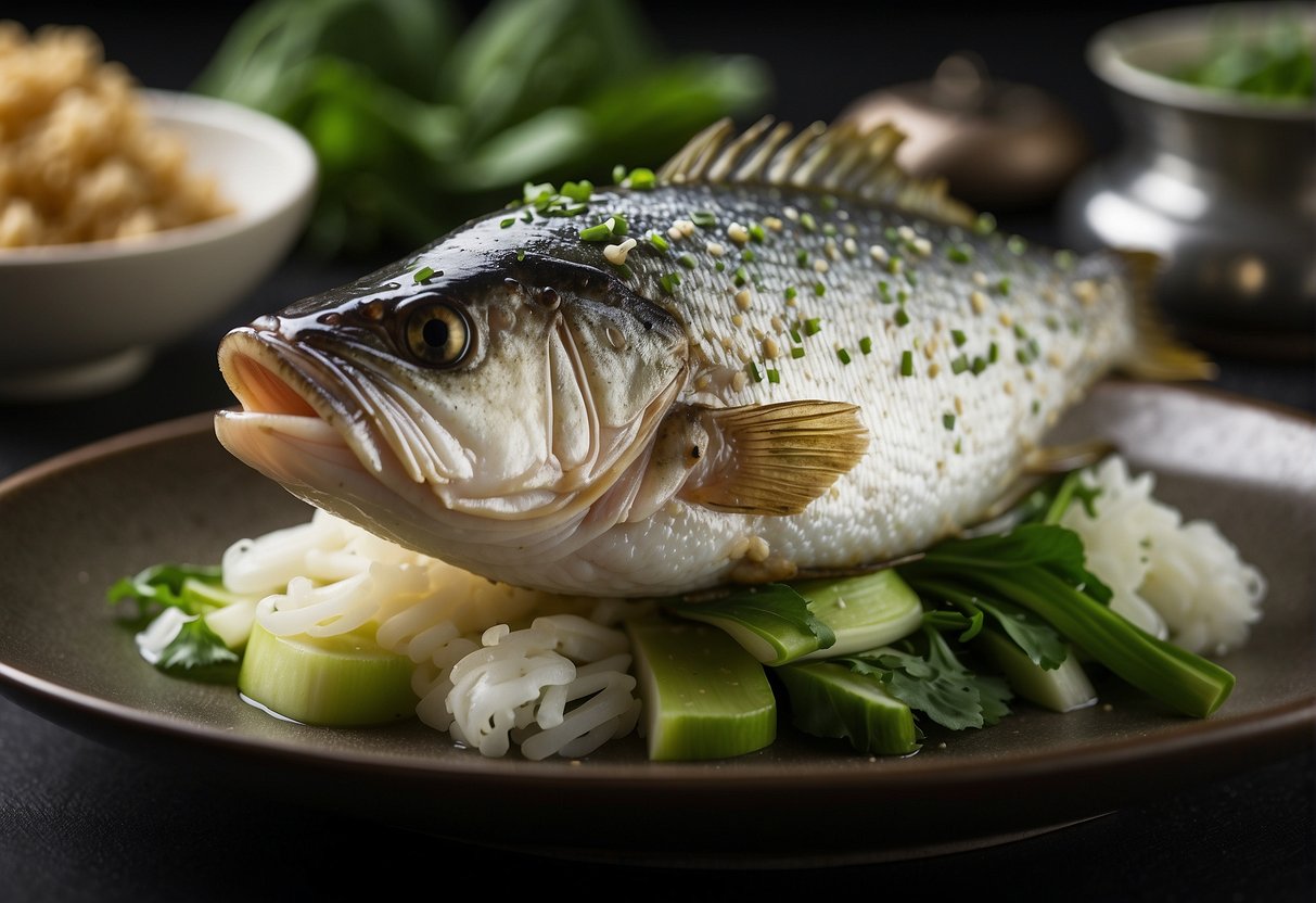 A whole sea bass, steamed with ginger and scallions, garnished with cilantro and served on a bed of bok choy