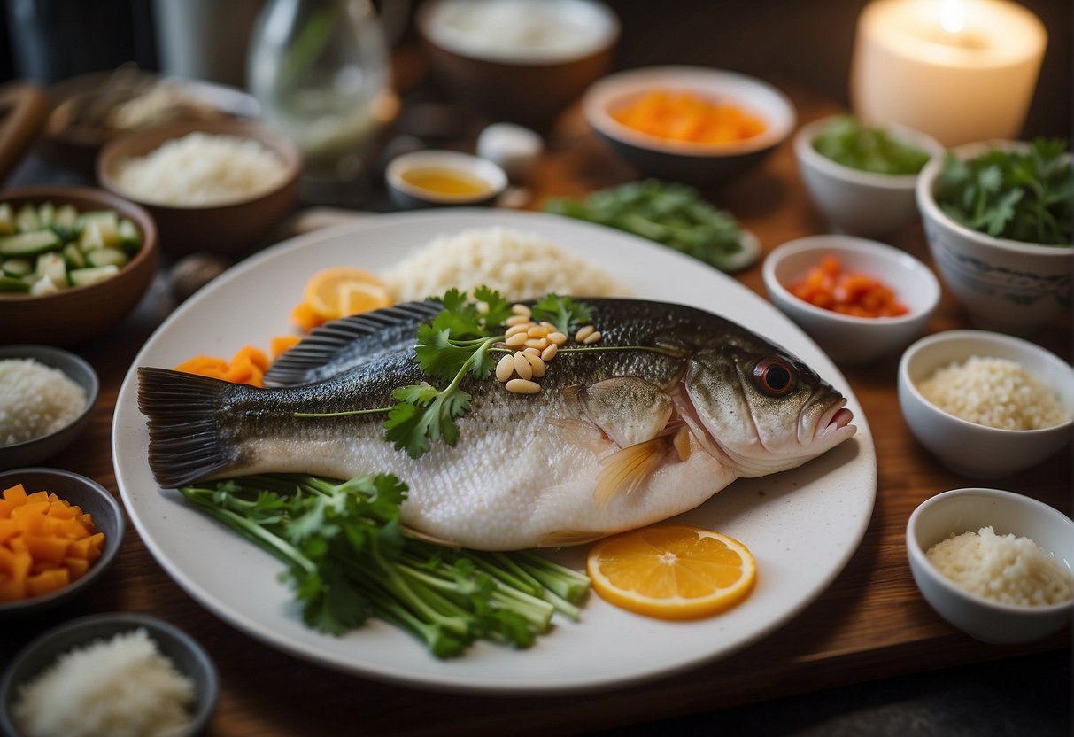 A Chinese sea bass being prepared with various ingredients and cooking utensils laid out on a kitchen counter