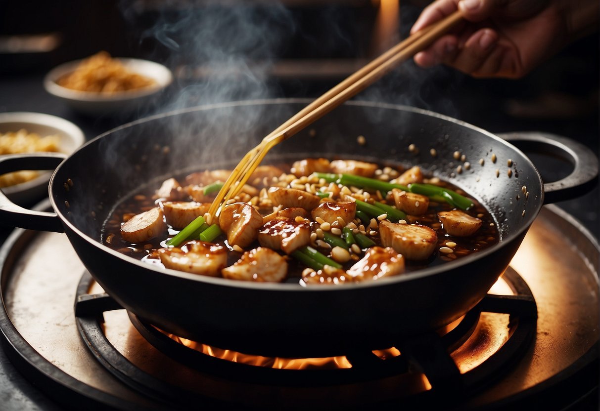 A wok sizzling with soy sauce, garlic, ginger, and sugar, creating an aromatic and flavorful Chinese brown sauce