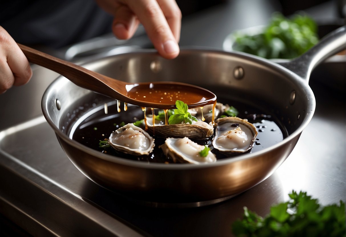 A chef stirs together soy sauce, oyster sauce, and sugar in a saucepan over low heat, creating a rich, glossy brown sauce