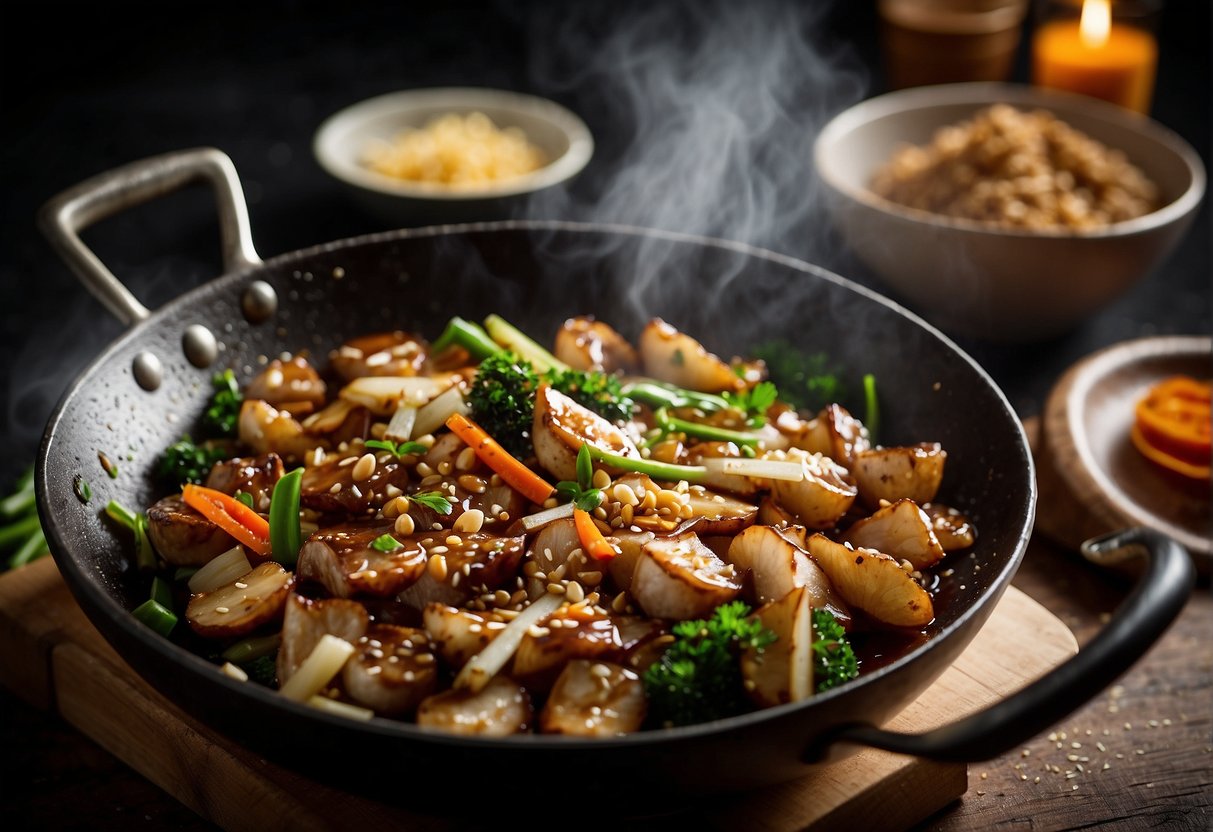 A wok sizzles with garlic and ginger. Soy sauce, oyster sauce, and sugar are added, creating a rich, glossy brown sauce. Cornstarch slurry thickens the mixture, resulting in a velvety, savory sauce