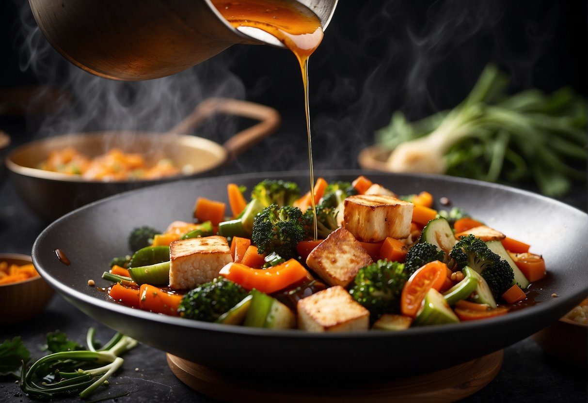 A wok sizzles as brown sauce is poured over stir-fried vegetables and tofu, filling the air with a savory aroma