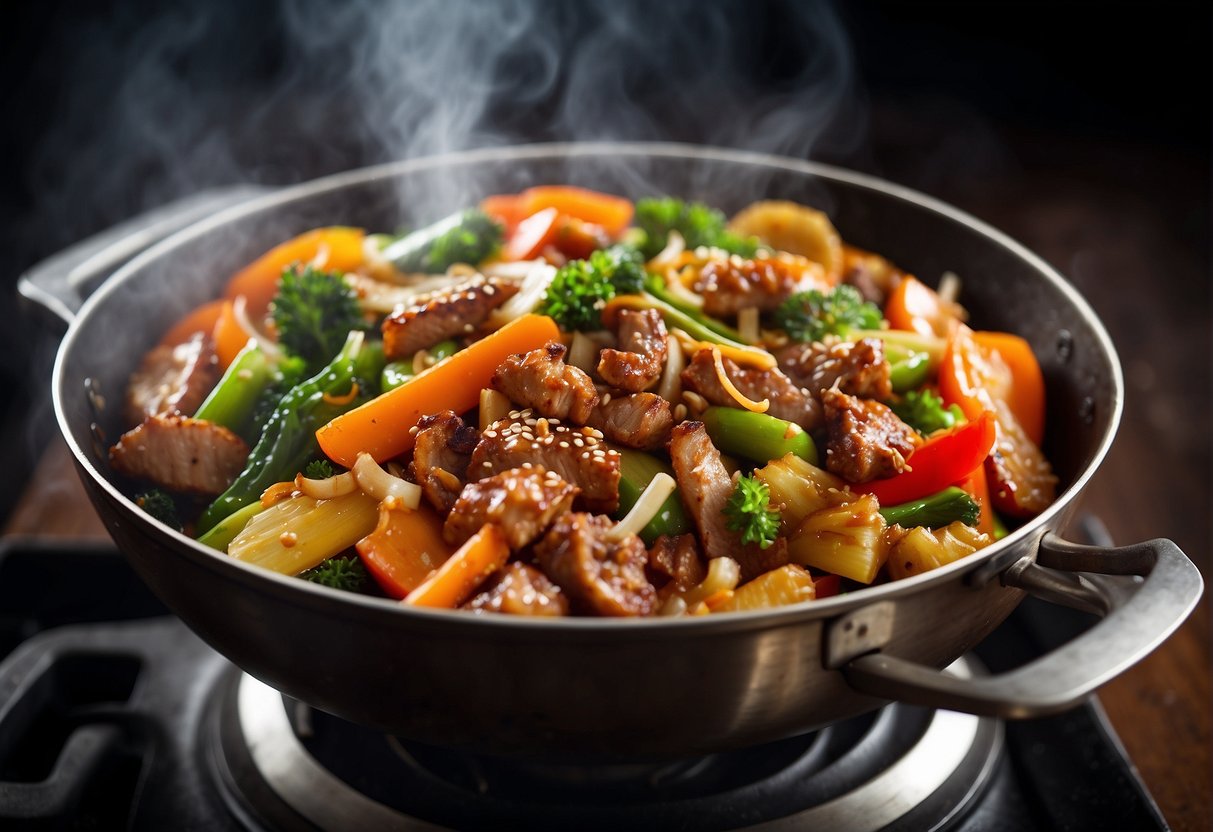 A steaming wok sizzles with soy sauce, ginger, and garlic. A medley of vegetables and tender strips of meat simmer in the savory brown sauce