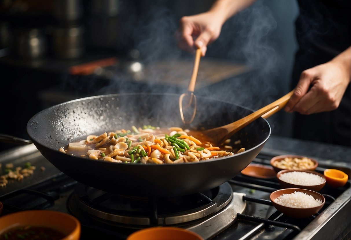 A wok sizzles as a chef pours soy sauce, oyster sauce, and sugar into a bubbling mixture. Ginger and garlic add fragrance to the air
