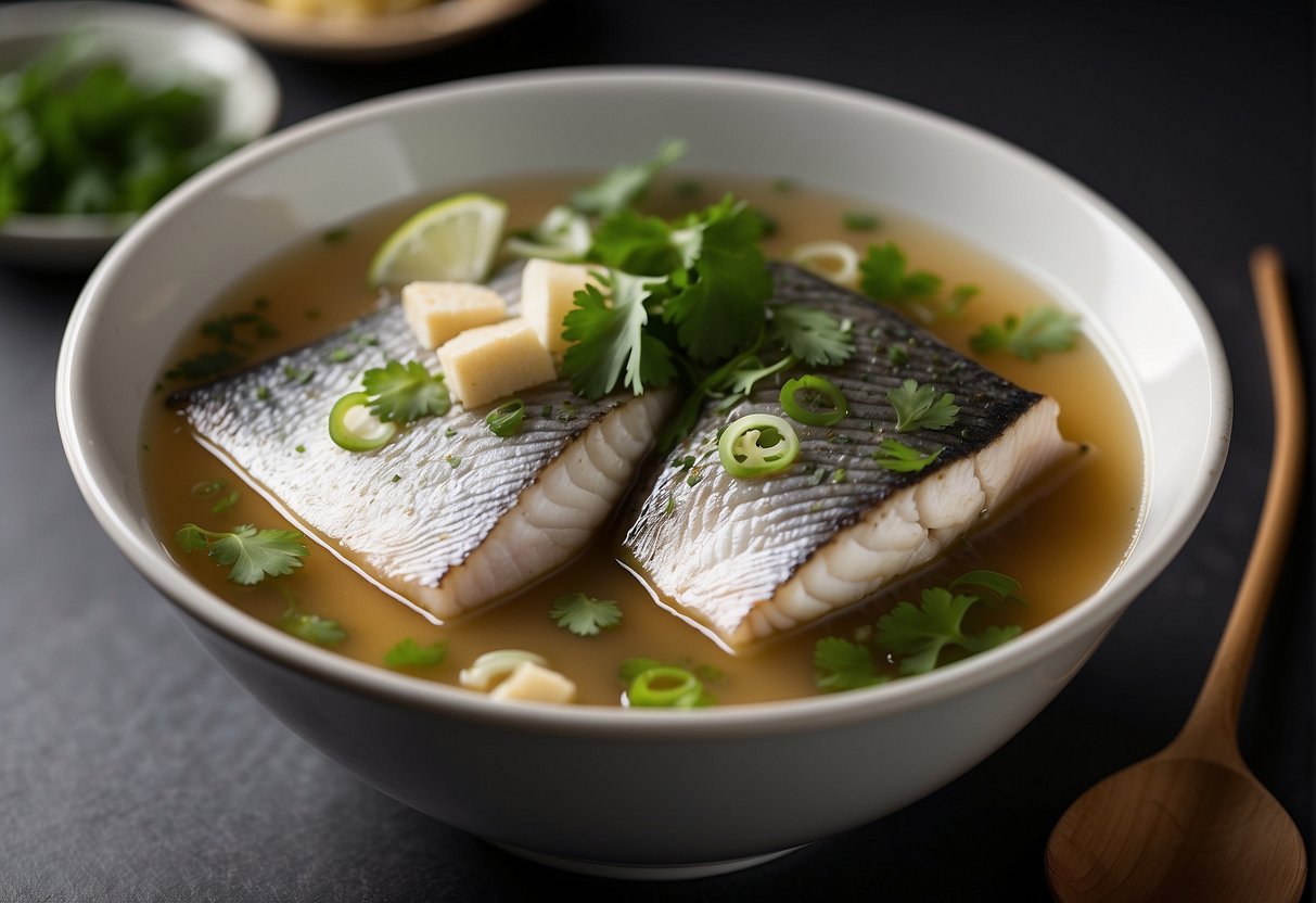 A steaming pot of Chinese sea bass soup surrounded by fresh ginger, scallions, and cilantro. The delicate white fish floats in a clear, fragrant broth