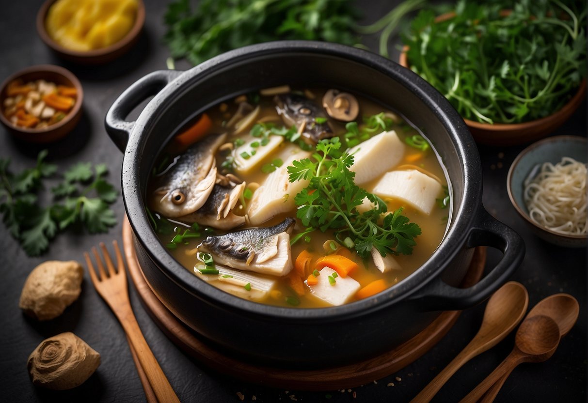 A steaming pot of Chinese sea bass soup with ginger, scallions, and mushrooms, surrounded by aromatic herbs and spices