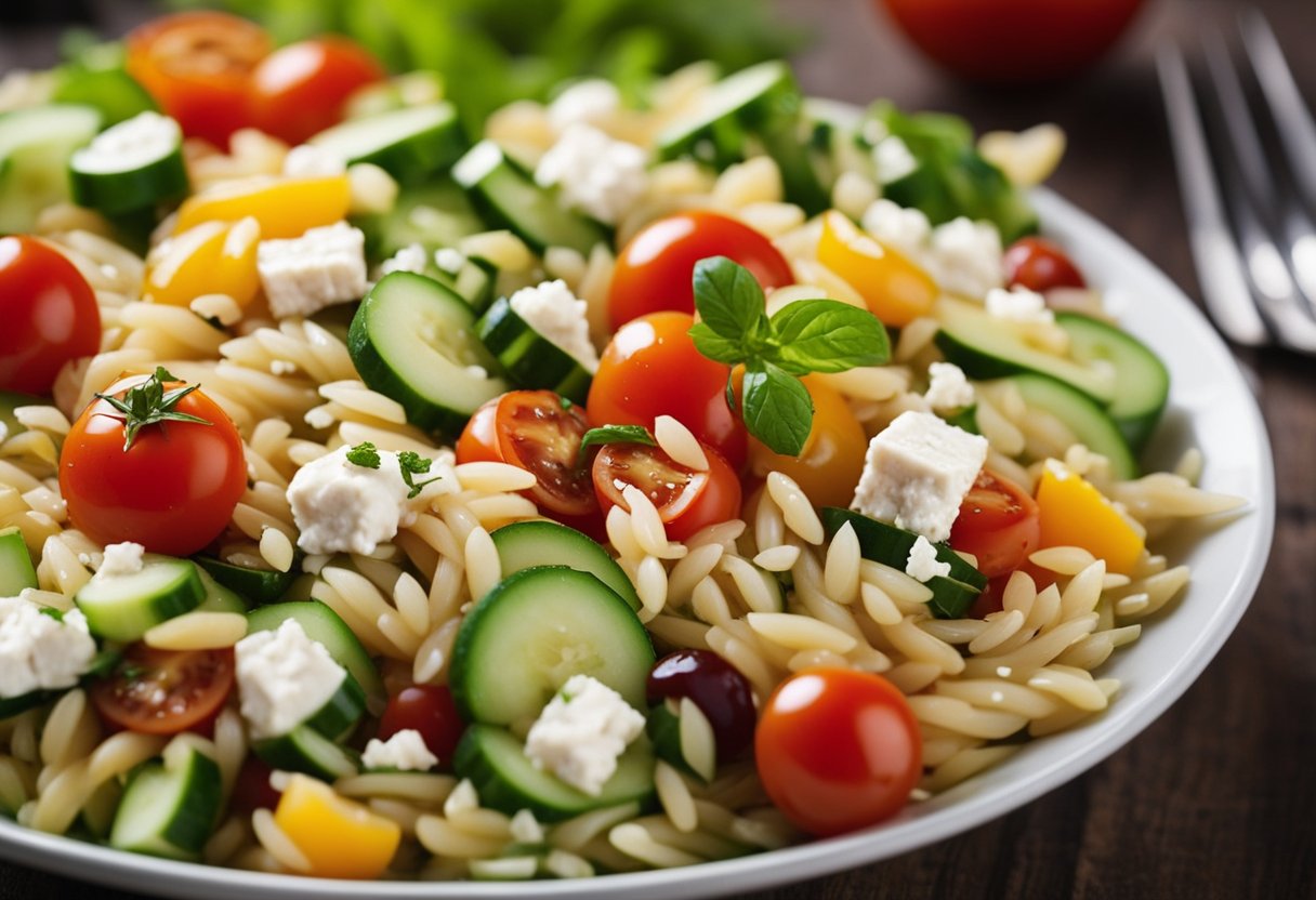 A colorful bowl of orzo salad with grilled chicken, cherry tomatoes, cucumber, and feta cheese, drizzled with a tangy vinaigrette